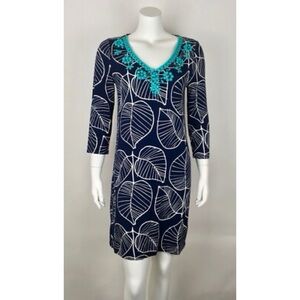 Boden Women’s Dress Embellished Leaf Prints 3/4 Sleeve Stretch in Blue